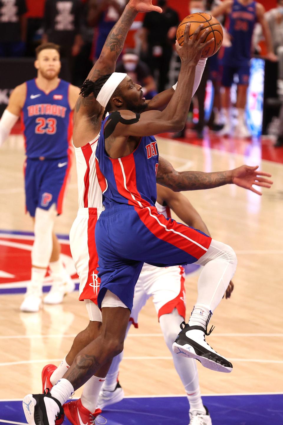 Jerami Grant drives to the basket against P.J. Tucker during the final seconds of Friday night's game at LCA.