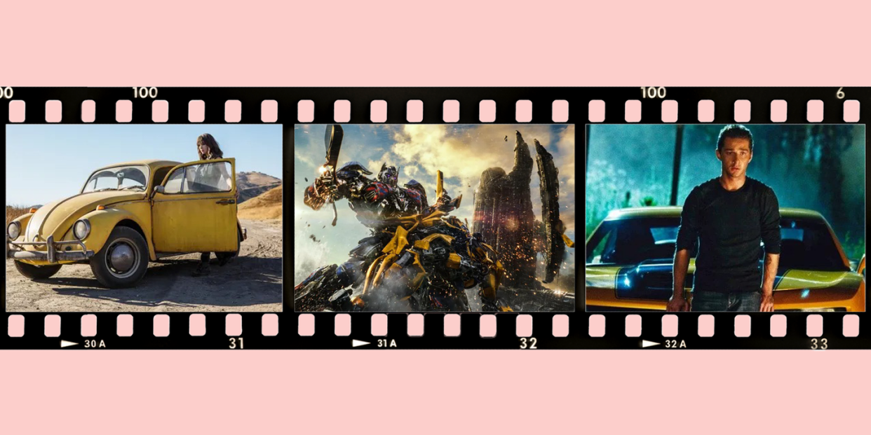 three stills from three different transformers movies arranged into a film strip