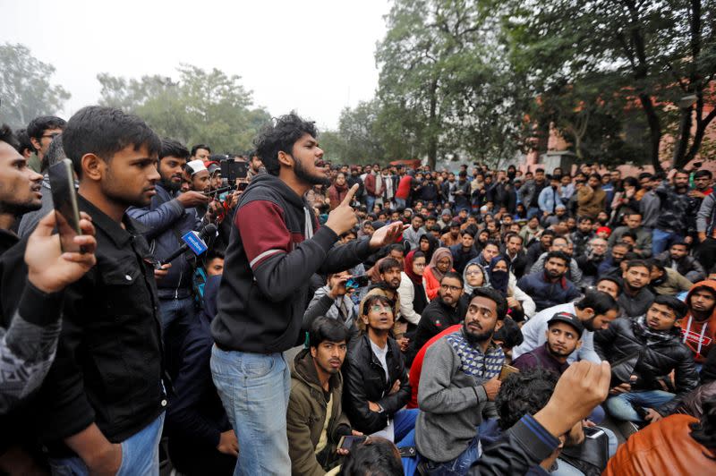 A student of the Jamia Millia Islamia university speaks during a demonstration in New Delhi