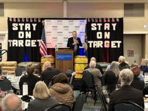 Congressman Matt Rosendale speaks at the Montana GOP's 2024 kickoff event on Saturday, Feb. 10, 2024, in Helena a day after announcing his U.S. Senate campaign. (Photo by Blair Miller, Daily Montanan)