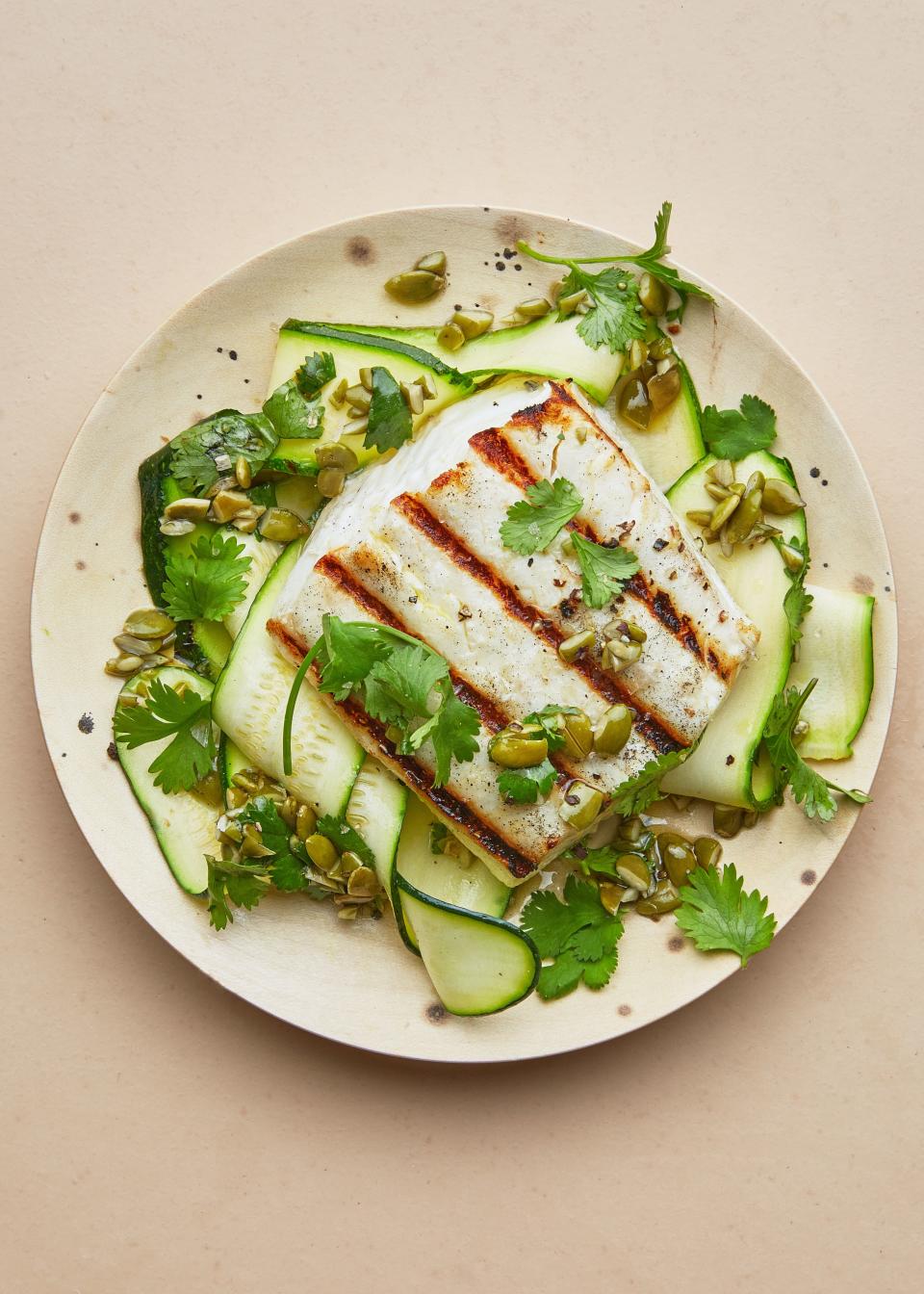 Grilled Halibut and Summer Squash with Pumpkin Seeds