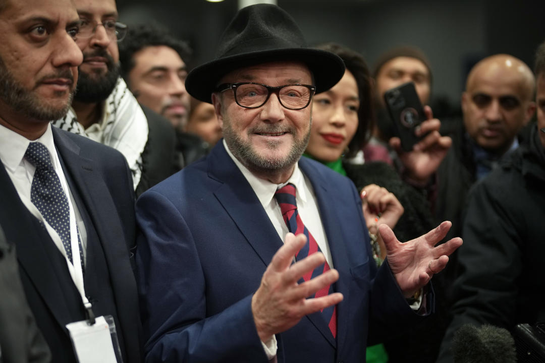 ROCHDALE, ENGLAND - MARCH 01: Workers Party of Britain candidate George Galloway celebrates with supporters at his campaign headquarters after being declared the winner in the Rochdale by-election on February 29, 2024 in Rochdale, England. The Rochdale by-election took place after the death of Labour MP Sir Tony Lloyd on 17 January 2024. On the ballot paper were former Labour candidate Azhar Ali, who ran as an independent after the party withdrew support, Simon Danczuk for Reform UK, Ian Donaldson for the Liberal Democrats, conservative Paul Ellison and Galloway, among others. (Photo by Christopher Furlong/Getty Images)