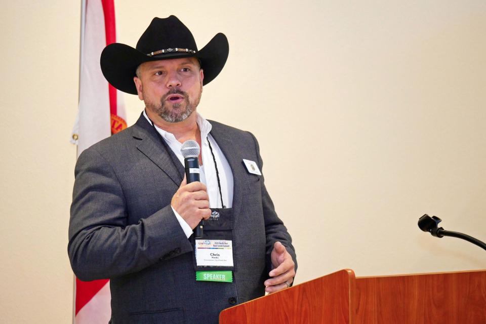 Former North Port city commissioner Chris Hanks, seen here during a 2018 economic development conference, is at the center of an ongoing suit seeking access to his Facebook page and Facebook messenger notes. Once Hanks filed to run for Sarasota County Commission in December 2019, the city no longer archived that information.