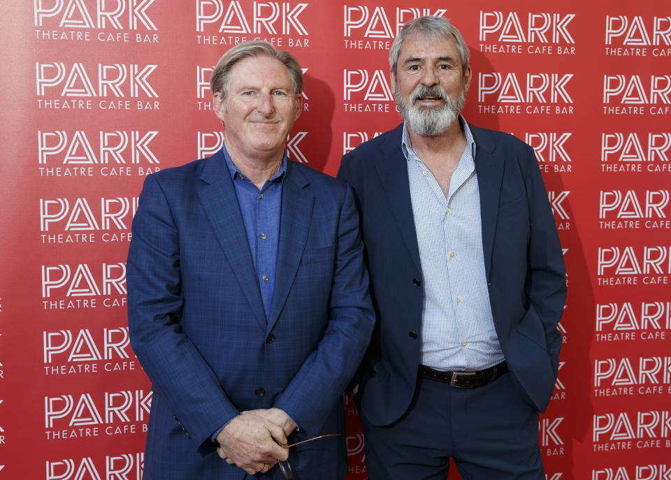 Adrian Dunbar (L) and Neil Morrissey attend the Park Theatre 10th Anniversary Party on May 07, 2023 in London, England. (Photo by John Phillips/Getty Images)