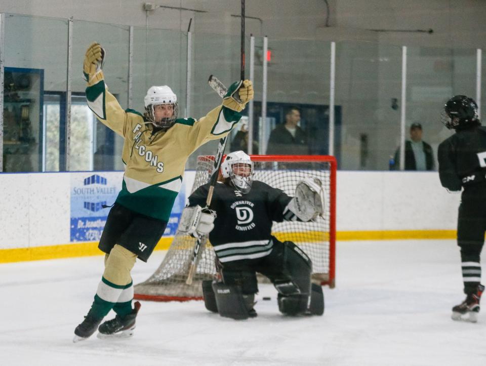 St. Mary Catholic Central's Nick Rakoczy celebrates a goal against Downriver Unified during a 9-1 SMCC win Saturday night.