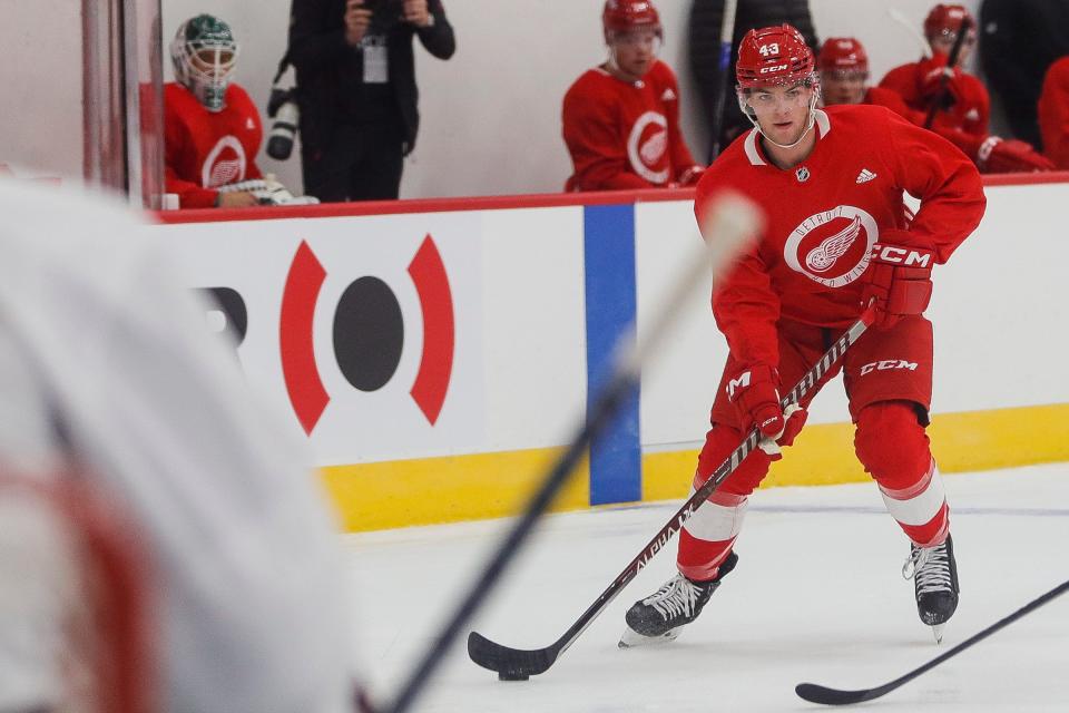 Team Cleary's left wing Carter Mazur looks to pass during a 3-on-3 tournament July 14, 2022 at the Red Wings development camp in the BELFOR Training Center inside Little Caesars Arena.