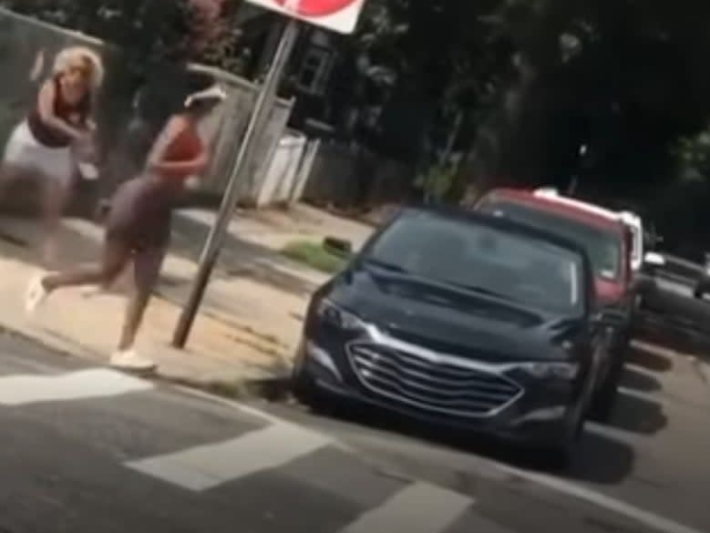 Lorena Delaguna, 53, was caught on camera by a bystander during the incident on 17 August against Tiffany Johnson (New York Police Department)