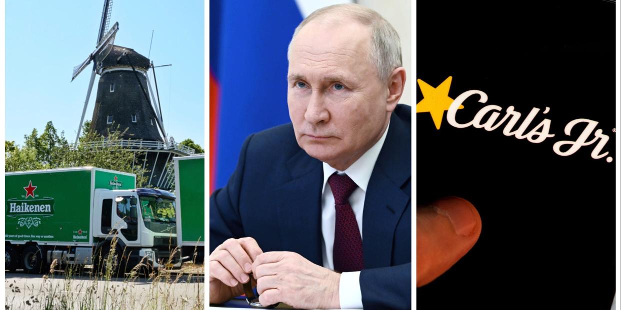 A composite image of Heineken trucks, Russian President Vladimir Putin, and Carl's Jr. logo
