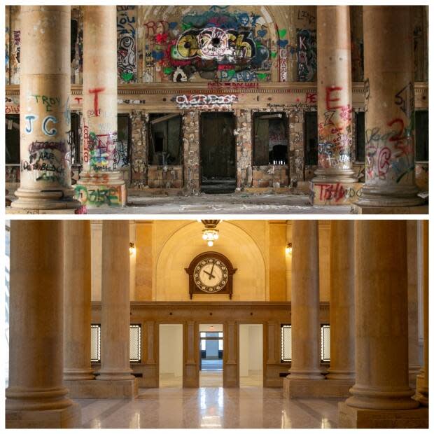 A view of the ticket counter area at Michigan Central Station before and after renovation.