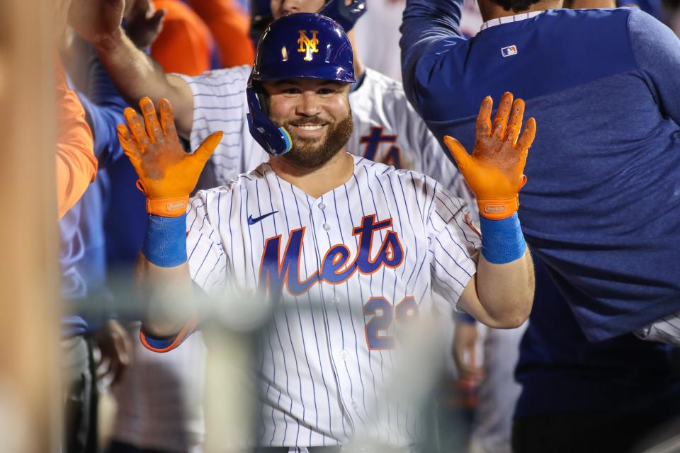 Sep 2, 2023; New York City, New York, USA;  New York Mets right fielder DJ Stewart (29) celebrates in the dugout after hitting a three run home run in the fourth inning against the Seattle Mariners at Citi Field.