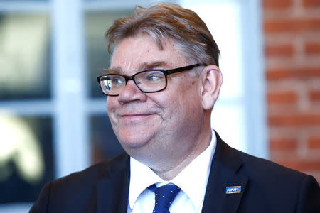 Finland's Foreign Minister Timo Soini listens to media after government's open session for members of public took place during the celebration of the 100th anniversary of Finnish independence in Porvoo, Finland May 4, 2017. REUTERS/Ints Kalnins