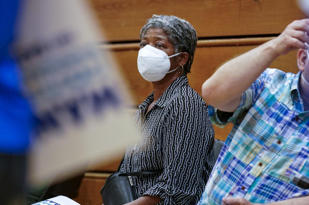 Valeri Langston is seen at a rally for Wisconsin Democratic U.S. Senate candidate Mandela Barnes at John Marshall High School Friday, July 15, 2022, in Milwaukee. (AP Photo/Morry Gash)