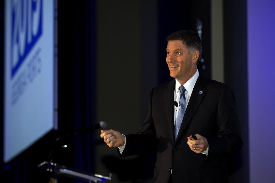 In this photo provided by the Georgia Port Authority, Georgia Ports Authority Executive Director Griff Lynch speaks during the Savannah State of the Port event, Thursday, Sept. 12, 2019, in Savannah, Ga. The GPA plans to double capacity at Garden City Terminal to 11 million twenty-foot equivalent container units per year. In Fiscal Year 2019, port-related industries announced $5 billion in new investment and 12,000 new jobs coming to Georgia. (Stephen Morton/Georgia Port Authority via AP)