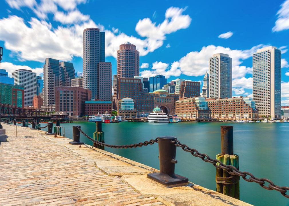 Boston, MA skyline in sunny summer day, seen from harbor.