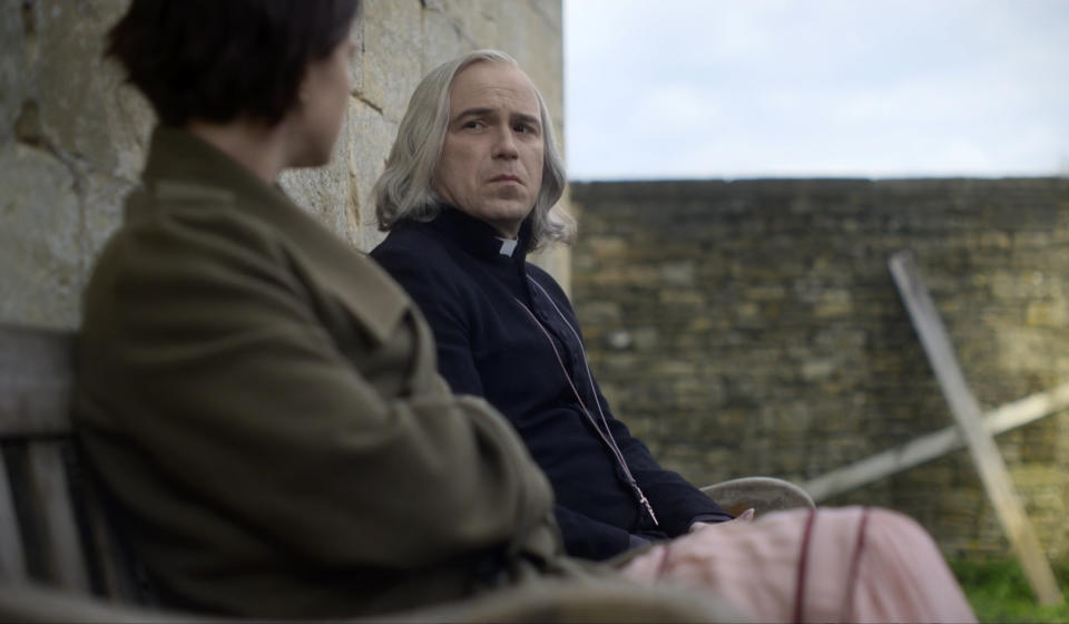 This image released by A24 shows Jessie Buckley, left, and Rory Kinnear in a scene from "Men." (Kevin Baker/A24 via AP)