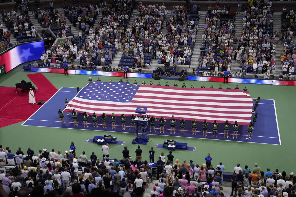 A United States flag is displayed is displayed ahead of a match between Coco Gauff, of the United States, and Aryna Sabalenka, of Belarus, at the women's singles final of the U.S. Open tennis championships, Saturday, Sept. 9, 2023, in New York. (AP Photo/John Minchillo)