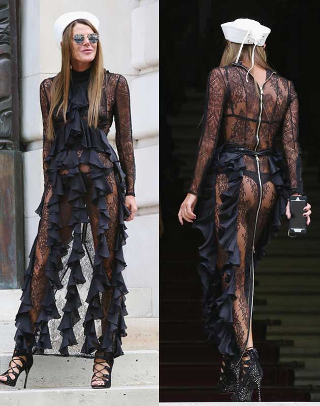 <p>Was ist bloß in Anna Dello Russo gefahren? Die Outfits der Vogue-Japan-Chefin sind zwar immer ausgesprochen ungewöhnlich, doch mit diesen schwarzen Spitzenvorhängen zum Anziehen hat sie den Mode-Vogel der Paris Fashion Week definitiv abgeschossen. Und was soll überhaupt der weiße Jean-Paul-Gaultier-Hut? (Bild: Getty Images)</p>