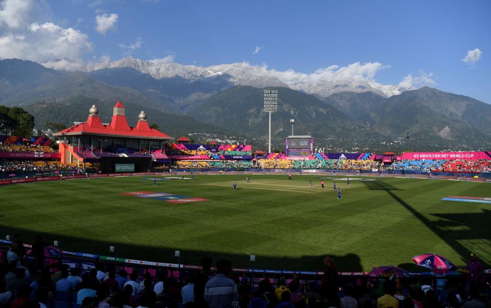 General view of play during the ICC Men's Cricket World Cup India 2023 between England and Bangladesh at HPCA Stadium on October 10, 2023 in Dharamsala, India