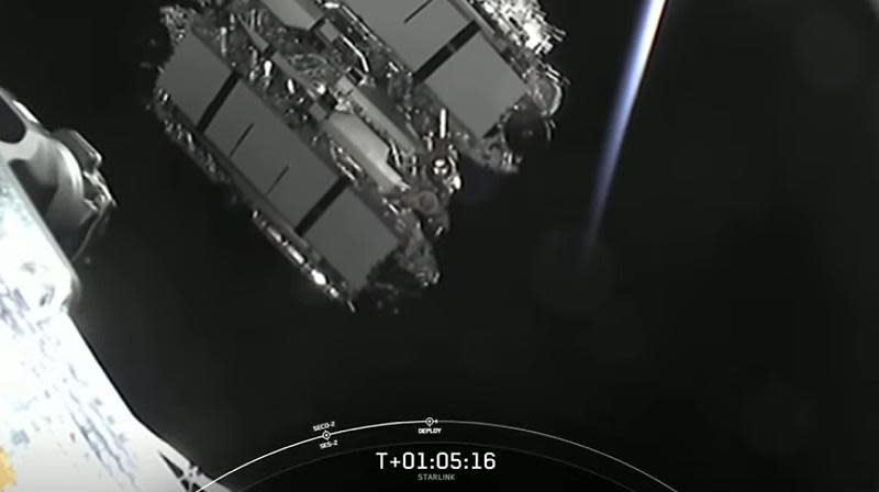 Sixty Starlink internet relay satellites are deployed in a single batch as seen with a camera mounted on the Falcon 9's second stage. The satellites will drift apart before using on-board propulsion to reach their final orbit.  / Credit: SpaceX webcast
