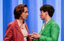 Frauke Petry (R), leader of the German right wing AfD party, speaks with her deputy Beatrix von Storch during the party congress at the Stuttgart Congress Centre on April 30, 2016