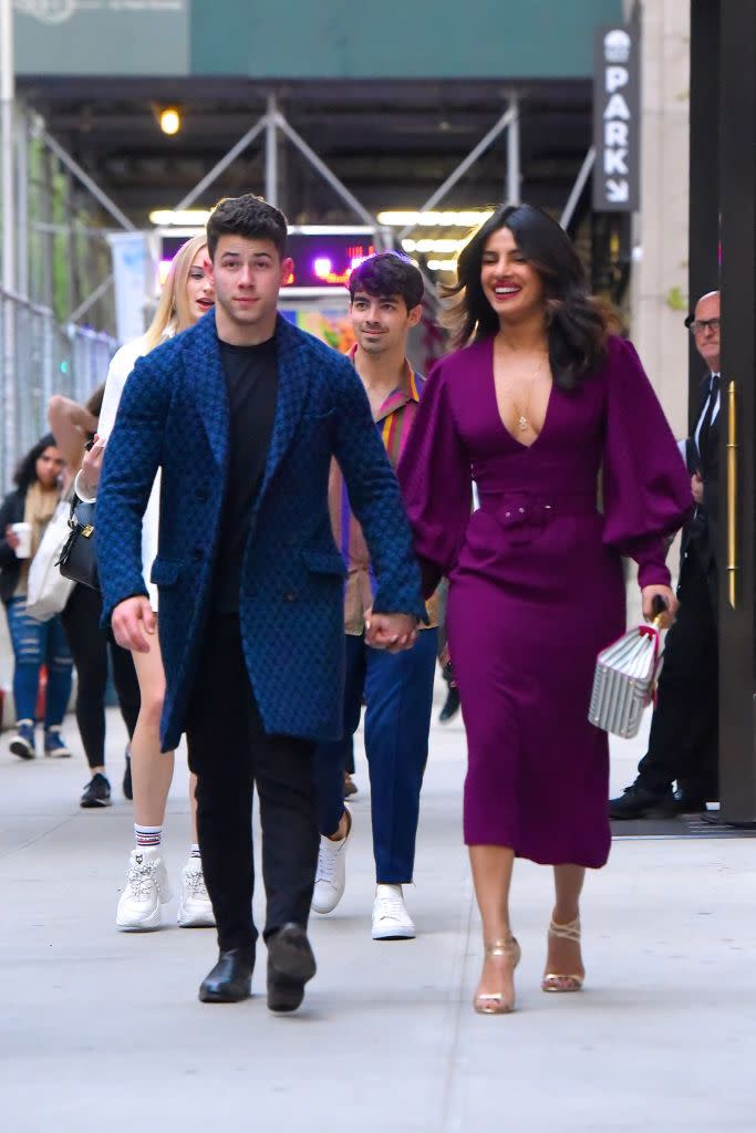 <p>Nick Jonas, Priyanka Chopra are seen on their way to meet Joe Jonas and Sophie Turner, seen out and about in Manhattan on May 10, 2019 in New York City.</p>