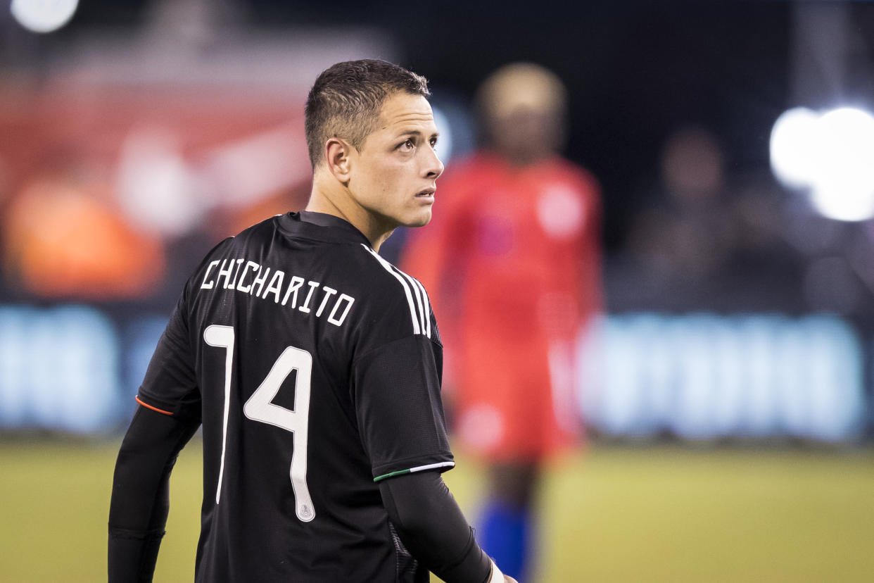 EAST RUTHERFORD, NJ - SEPTEMBER 06: Javier Hernandez #14 of Mexico from the side showing his name Chicharito on the back of his jersey during the Friendly match between the United States Men's National Team and Mexico.  The match was held at MetLife Stadium on September 06, 2019 in East Rutherford, NJ USA. Mexico won the match with a score of 3 to 0. (Photo by Ira L. Black/Corbis via Getty Images)