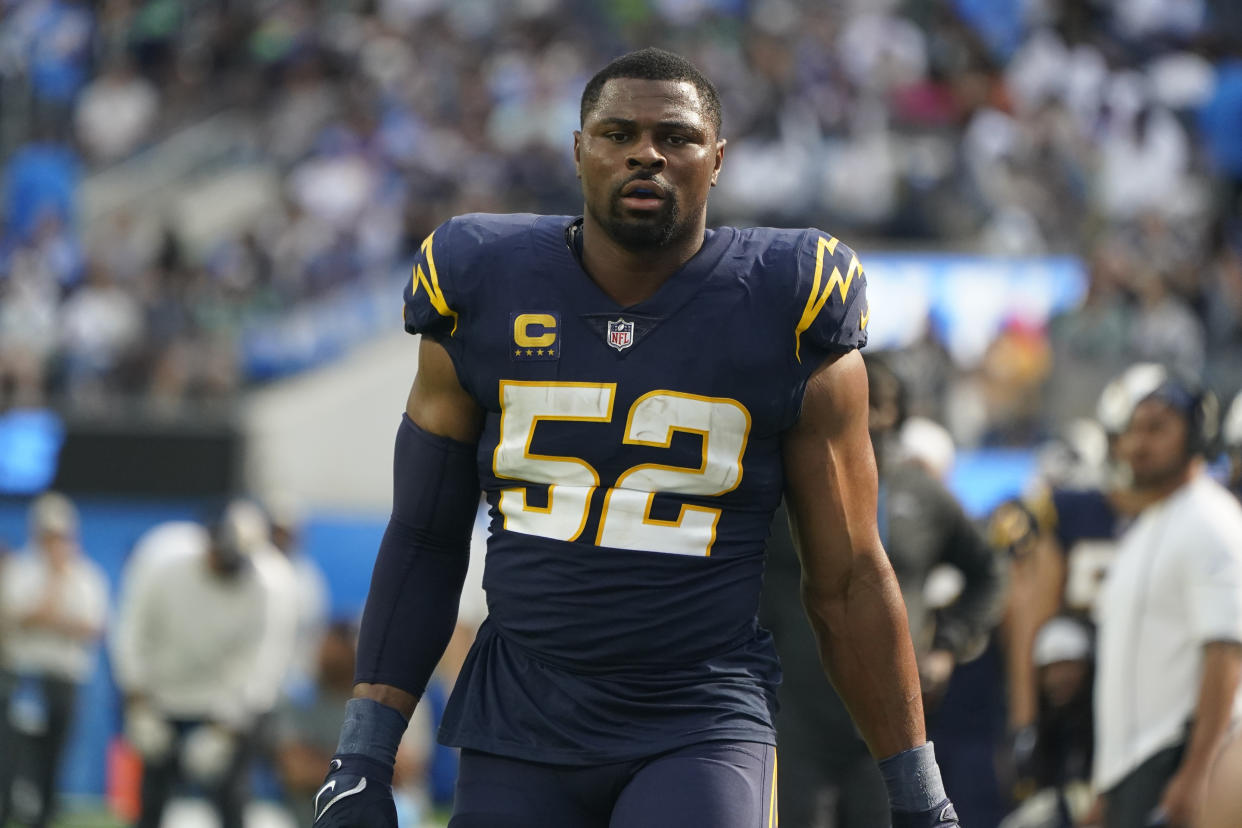 Los Angeles Chargers linebacker Khalil Mack (52) walks on the field during the first half of an NFL football game against the Seattle Seahawks Sunday, Oct. 23, 2022, in Inglewood, Calif. (AP Photo/Marcio Jose Sanchez)