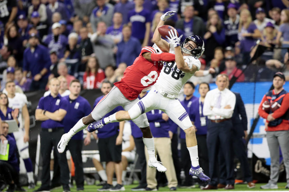 Ohio State cornerback Kendall Sheffield, left, breaks up a pass intended for Northwestern wide receiver Bennett Skowronek (88) during the second half of the Big Ten championship NCAA college football game, Saturday, Dec. 1, 2018, in Indianapolis. Ohio State won 45-24. (AP Photo/AJ Mast)