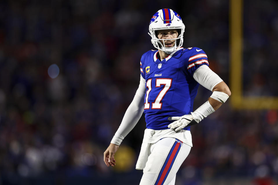 ORCHARD PARK, NY – SEPTEMBER 23: Josh Allen #17 of the Buffalo Bills reacts after a play during the third quarter of an NFL football game against the Jacksonville Jaguars at Highmark Stadium on September 23, 2024 in Orchard Park, New York. (Photo by Kevin Sabitus/Getty Images)