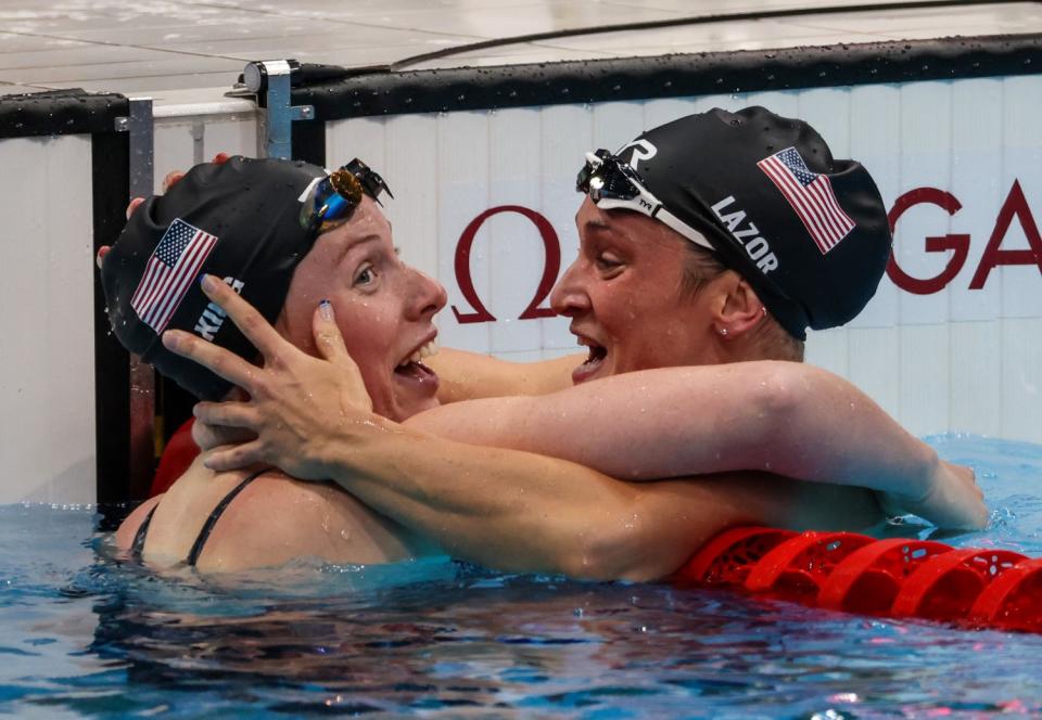 U.S. swimmers Lilly King, left, and Annie Lazor celebrate after the women's 200-meter breaststroke final