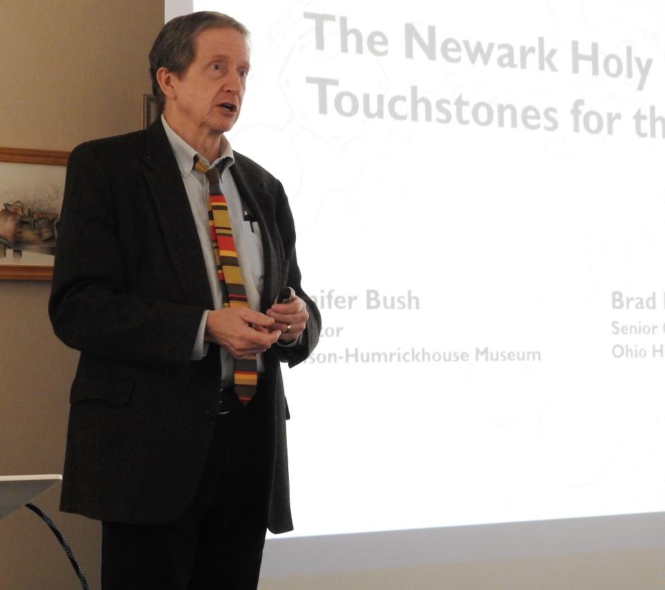 Brad Lepper speaks at a presentation recently at the Johnson-Humrickhouse Museum on the Newark Holy Stones. He and museum Director Jennifer Bush wrote an article about the artifacts' origins and place in the museum.