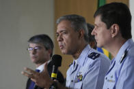 Brigadier Marcelo Moreno, head of the National Air Accident Investigation Center, gives a press conference about the Vinhedo plane crash, at his headquarters in Brasilia, Brazil, Friday, Aug. 9, 2024. (AP Photo/Eraldo Peres)