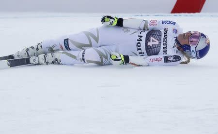 Alpine Skiing - FIS Alpine Skiing World Cup - Women's Alpine Super G - St. Moritz, Switzerland - December 9, 2017 - Lindsey Vonn of the U.S. reacts at the finish line. REUTERS/Arnd Wiegmann