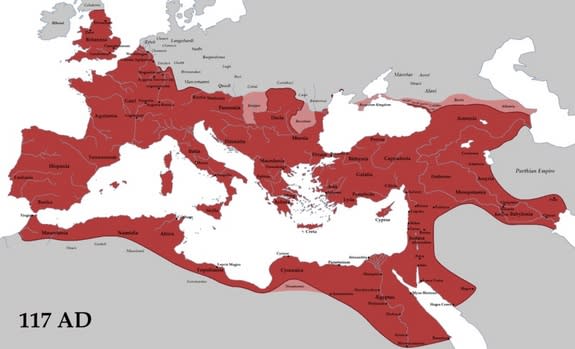 The Roman Empire at its greatest extent in A.D. 117, when Rome controlled much of Great Britain.