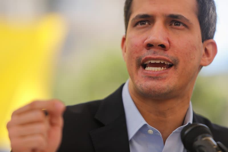 Venezuelan opposition leader Juan Guaido speaks during a news conference in Caracas