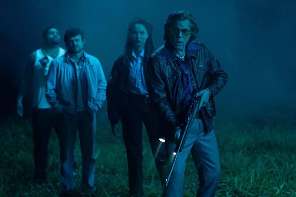 Ray Liotta (right, with O’Shea Jackson Jr., Alden Ehrenreich and Ayoola Smart) plays a drug kingpin hunting for missing cocaine and a drugged-out animal in "Cocaine Bear."