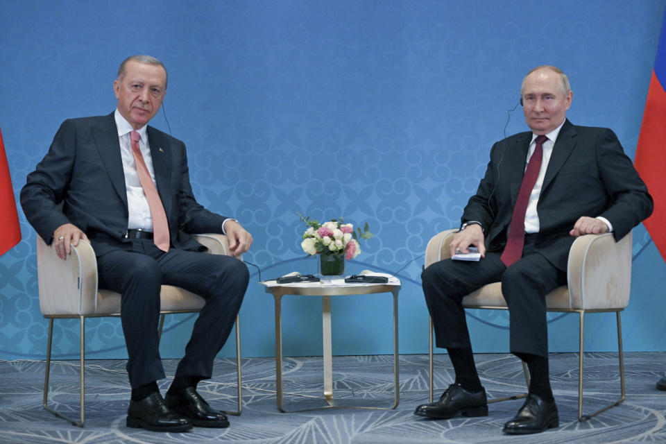 Russian President Vladimir Putin, right, and Turkey's President Recep Tayyip Erdogan attend a meeting on the sidelines of the Shanghai Cooperation Organisation (SCO) summit in Astana, Kazakhstan, Wednesday, July 3, 2024. (Sergei Guneyev, Sputnik, Kremlin Pool Photo via AP)