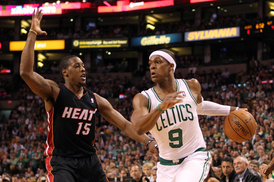 BOSTON, MA - JUNE 03: Rajon Rondo #9 of the Boston Celtics drives in the first quarter against Mario Chalmers #15 of the Miami Heat in Game Four of the Eastern Conference Finals in the 2012 NBA Playoffs on June 3, 2012 at TD Garden in Boston, Massachusetts. (Photo by Jim Rogash/Getty Images)