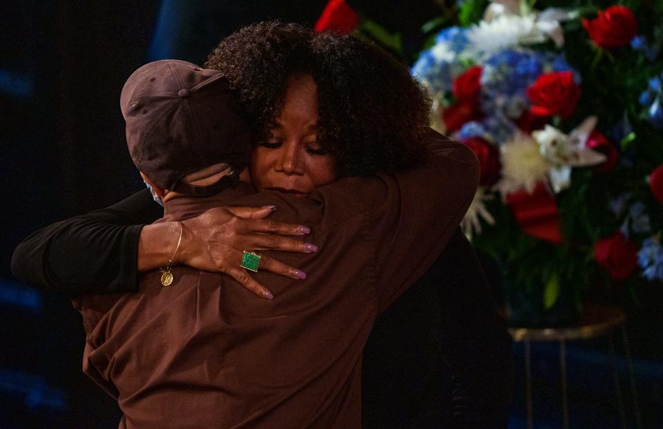 Ruby Bridges, who was the first Black child to desegregate the all-white William Frantz Elementary School in Louisiana, hugs the son of Frank J. Anderson, Henry Hull, during a celebration of life in Anderson's honor Wednesday, May 11, 2022, in Indianapolis. "He was a big brother," she said as she spoke to those in attendance. "And I didn't know how much I needed a big brother."