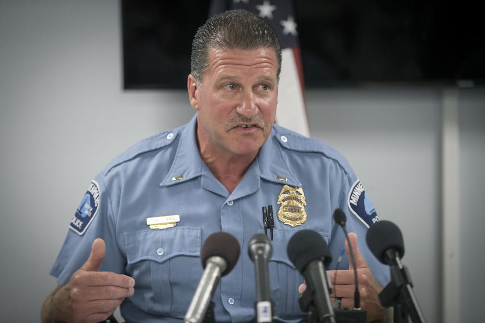 FILE - In this July 30, 2018 file photo, Minneapolis Police Union President Lt. Bob Kroll speaks during a news conference regarding the release of body camera footage in the police shooting death of Thurman Blevins, at the Minneapolis Police Federation headquarters in Minneapolis. Kroll has been steadfast over the years in defending officers’ conduct. And in a letter to members in June 2020, he blasted state and city leaders for failing to support the Minneapolis Police Department following George Floyd’s death. (Elizabeth Flores/Star Tribune via AP)