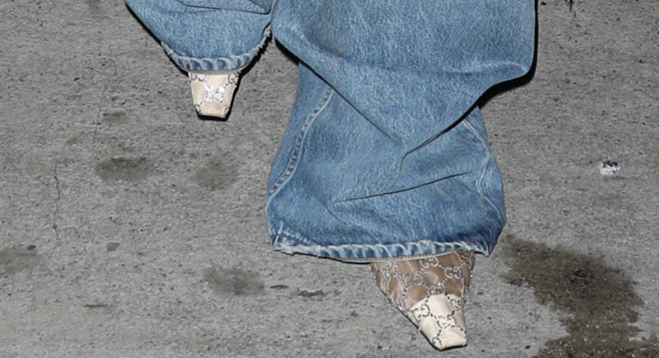 A close-up of Rihanna's Gucci shoes at Giorgio Baldi restaurant on April 6, 2024 in Los Angeles.