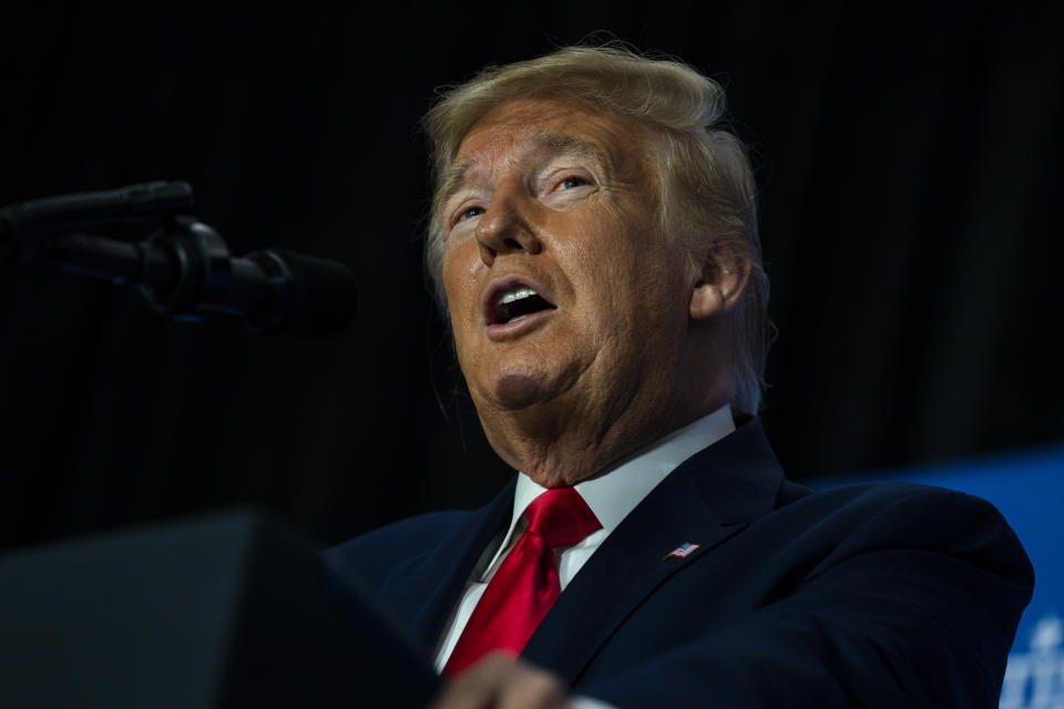 President Donald Trump speaks to the Latino Coalition Legislative Summit, Wednesday, March 4, 2020, in Washington. (AP Photo/Evan Vucci)