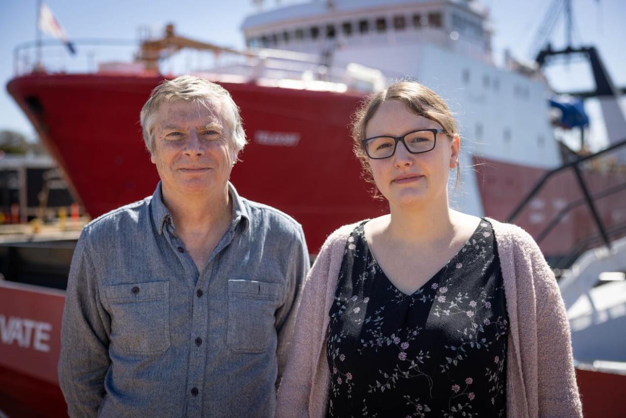 Scientists Lindsay Beazley, right, and Dave Hebert, both involved in the Maritimes Region Atlantic Zone Monitoring Program, say it's too early to determine if cooling temperatures will become a long-term trend.  (Robert Burke/CBC - image credit)