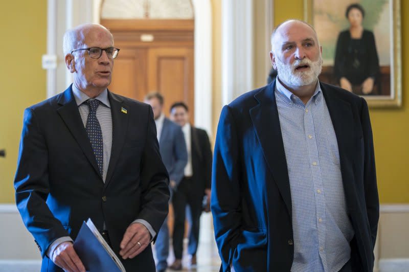 Celebrity chef and World Central Kitchen founder Jose Andres (R) walks with Sen. Peter Welch, D-Vt., after meeting with a group of Senate Democrats at the U.S. Capitol in Washington on March 14, 2024. Photo by Bonnie Cash/UPI