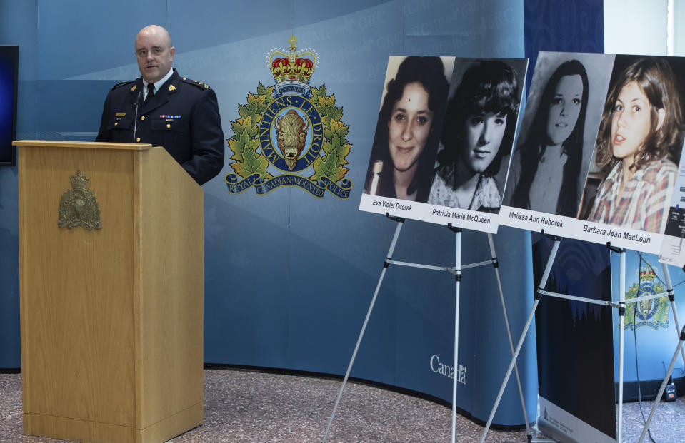 RCMP Superintendent serious crimes branch David Hall speaks about Alberta RCMP linking four historical homicides to deceased serial killer Gary Allen Srery during a press conference in Edmonton, Friday, May 17, 2024. (Jason Franson/The Canadian Press via AP)