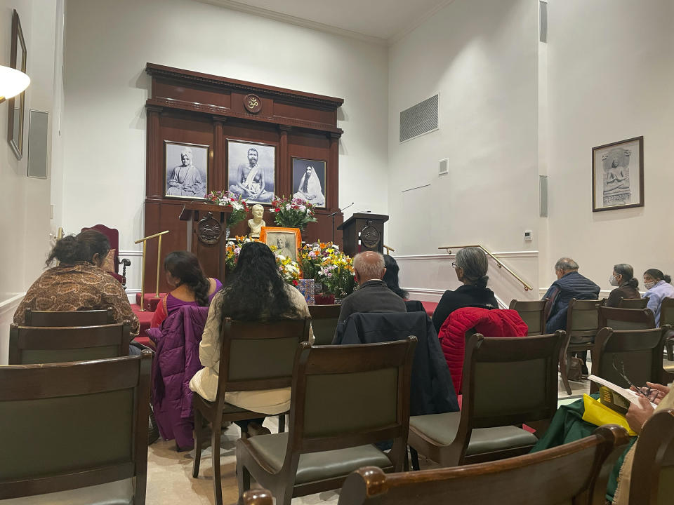 People attend a service at the Ramakrishna-Vivekananda Center of New York, on Sunday, Feb. 4, 2024. (Richa Karmarkar/Religion News Service via AP)