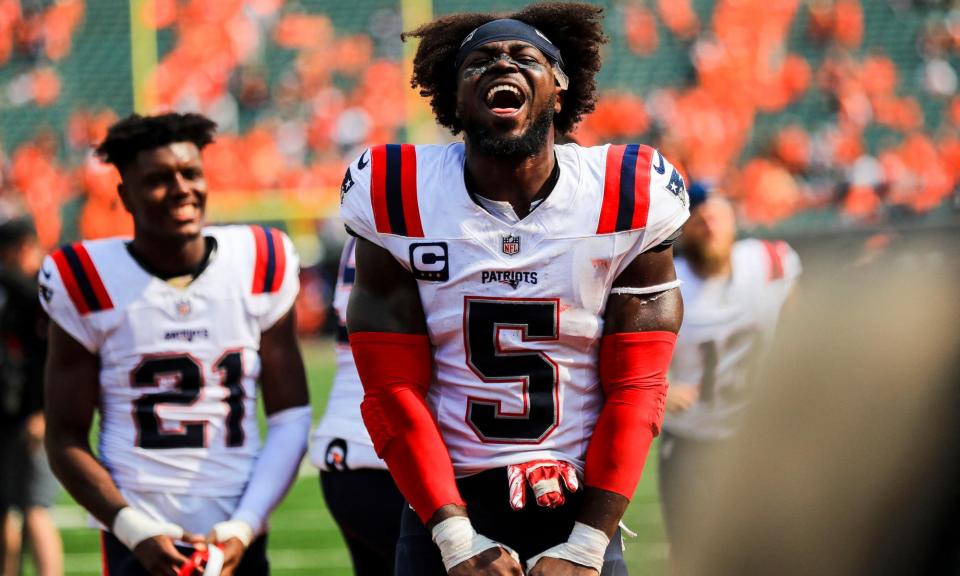 <span>New England Patriots safety Jabrill Peppers celebrates his team’s win over the Cincinnati Bengals.</span><span>Photograph: Katie Stratman/USA Today Sports</span>