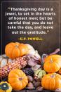 <p>“Thanksgiving day is a jewel, to set in the hearts of honest men; but be careful that you do not take the day, and leave out the gratitude."</p>