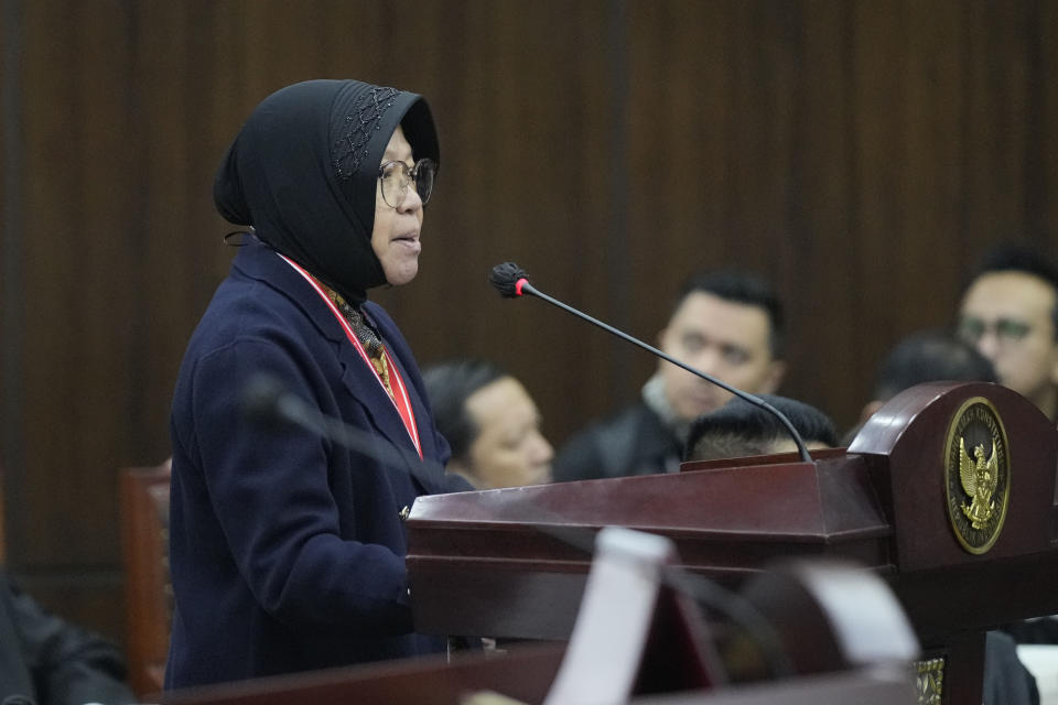 Indonesian Social Affairs Minister Tri Rismaharini delivers her statement during a hearing on the presidential election result dispute at the Constitutional Court in Jakarta, Indonesia, Friday, April 5, 2024. (AP Photo/Dita Alangkara)