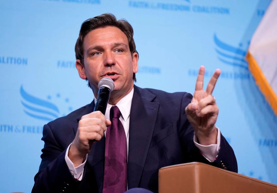 Republican presidential candidate Florida Gov. Ron DeSantis speaks at the Iowa Faith & Freedom Coalition's fall banquet, Saturday, Sept. 16, 2023, in Des Moines, Iowa. (AP Photo/Bryon Houlgrave)